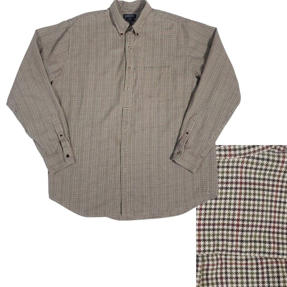 VTG Lands End Heavy Flannel Houndstooth Shirt Preppy Normcore Academia Mens XLT